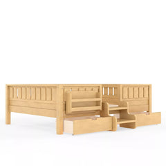 Bellemave® Kids Twin Size Montessori Bed Frame with Built-in Storage Shelves and Drawers, Floor Bed with Staircase and Full-Length High Rails,for Boys, Girls, Wood,Easy Assemble Bellemave®