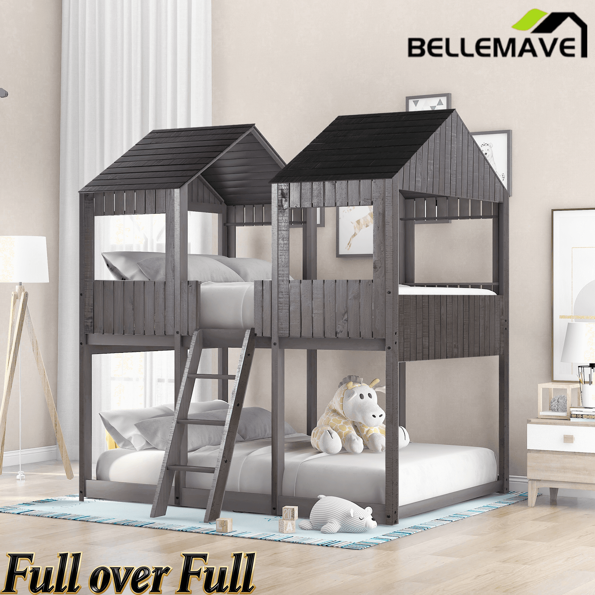Bellemave® House Bunk Bed with Roof & Window, Full Over Full Floor Bunk Bed with Ladder & Guardrails for Kids, No Box Spring Needed Bellemave®