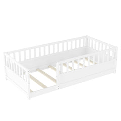 Bellemave® Twin Size Floor Bed with High Fence, Wood Montessori Bed with Slats & Guardrails, White Bellemave®