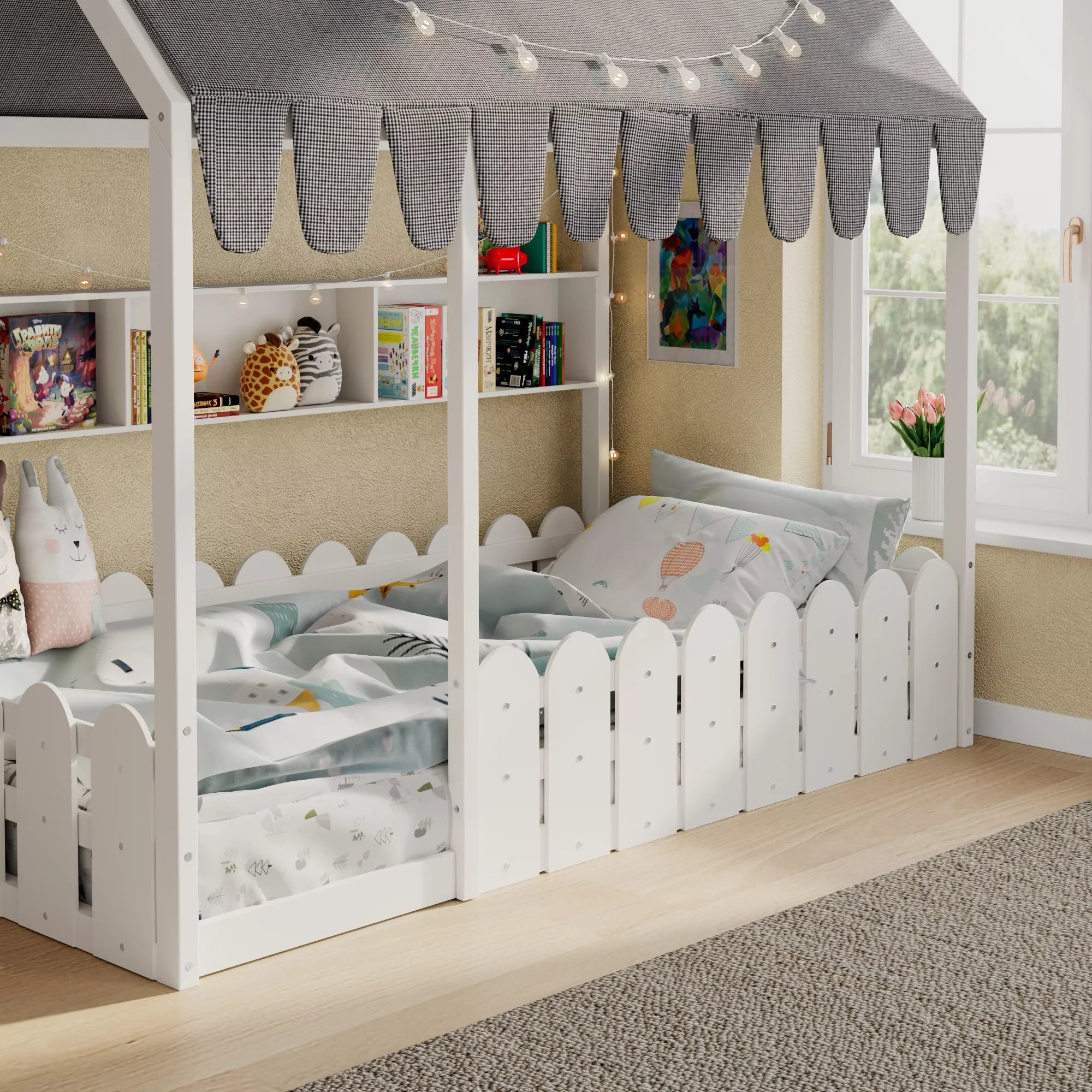 Bellemave® Montessori House Floor Bed for Kids with Fence Railings, Tent & Lights, Wooden Kids Floor Bed Frame with 3 Storage Shelves, Low Profile Bed for Boys & Girls (Slats Not Included) Bellemave®