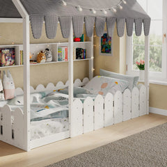 Bellemave® Montessori House Floor Bed for Kids with Fence Railings, Tent & Lights, Wooden Kids Floor Bed Frame with 3 Storage Shelves, Low Profile Bed for Boys & Girls (Slats Not Included) Bellemave®