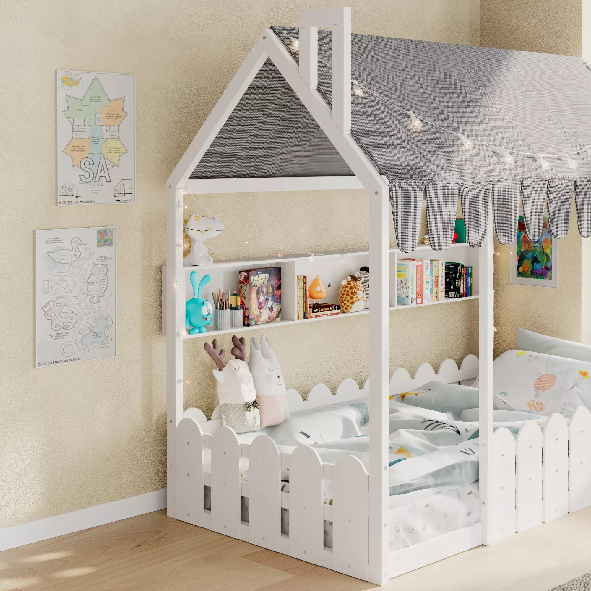 Bellemave® Montessori House Floor Bed for Kids with Fence Railings, Tent & Lights, Wooden Kids Floor Bed Frame with 3 Storage Shelves, Low Profile Bed for Boys & Girls (Slats Not Included) Bellemave®