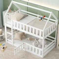 Bellemave Twin Size House Bunk Bed with Fence and Door Bellemave