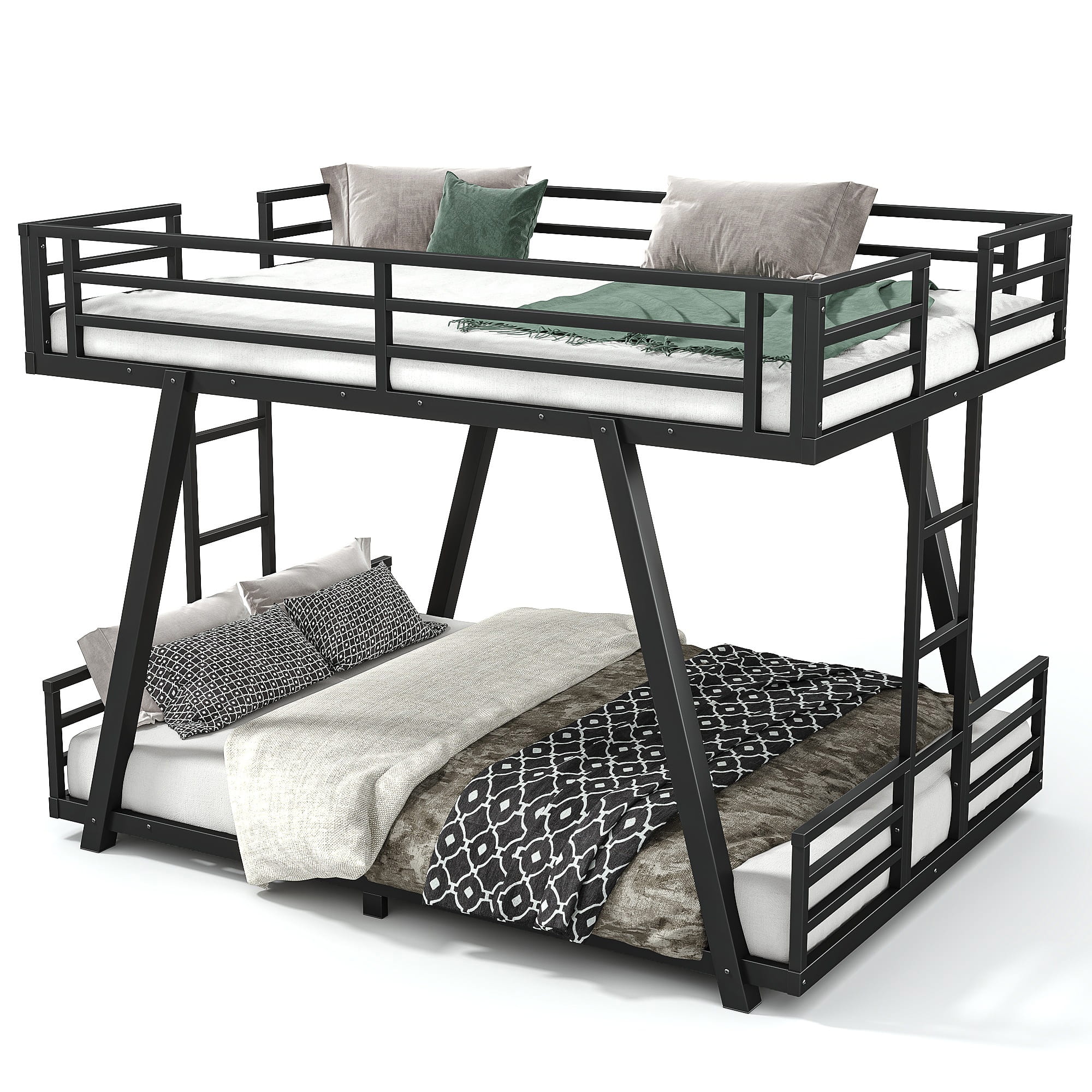 Bellemave® Metal Floor Bunk Bed Frame for Kids/Adults,Heavy Duty Kids Bunk Beds with 2 Side Ladders & Special Support Leg,Noise Reduced Structure,Low Profile,Black Bellemave®