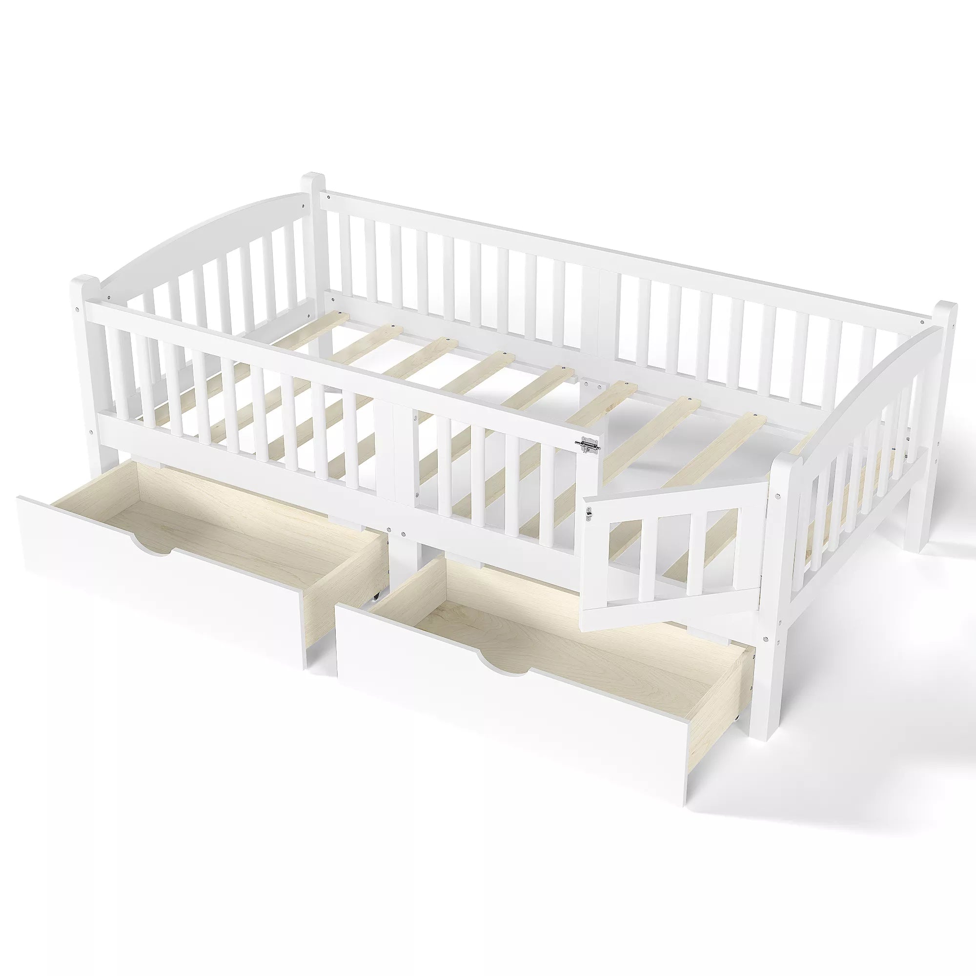 white kids platform bed with storage drawers and guardrails