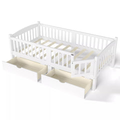 white kids platform bed with storage drawers and guardrails