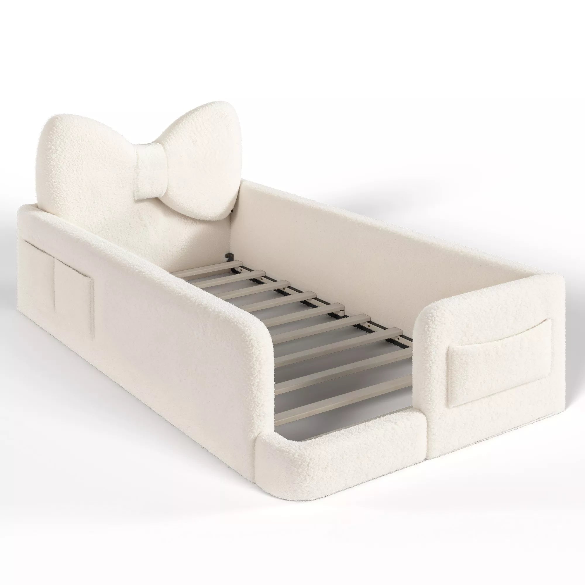 white kids platform bed frame with upholstered bow shaped headboard