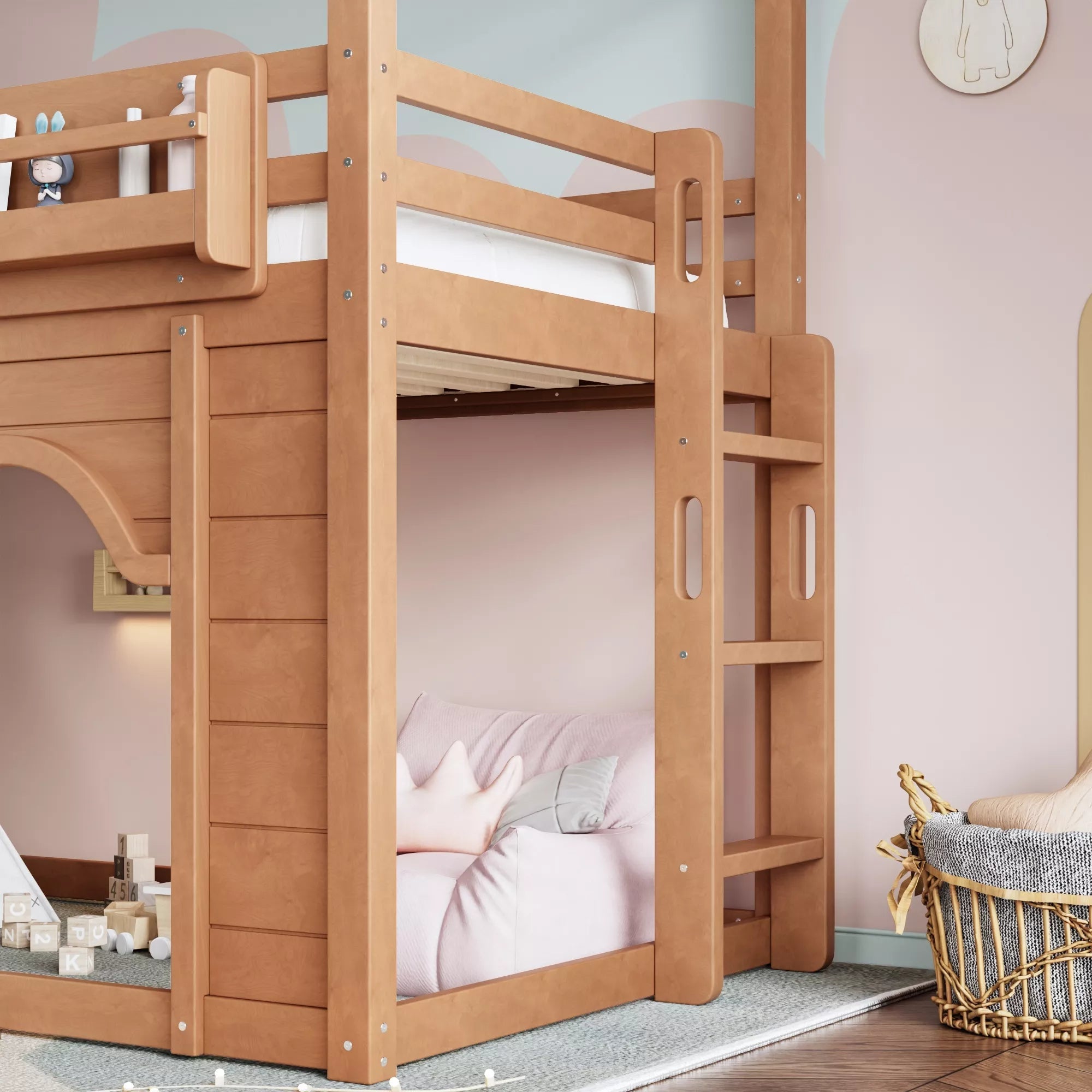 Bellemave® House Loft Bed with Slide, Bookshelves & Built-in Wardrobe | Natural Wood Playhouse Bunk Bed for Kids Bellemave®