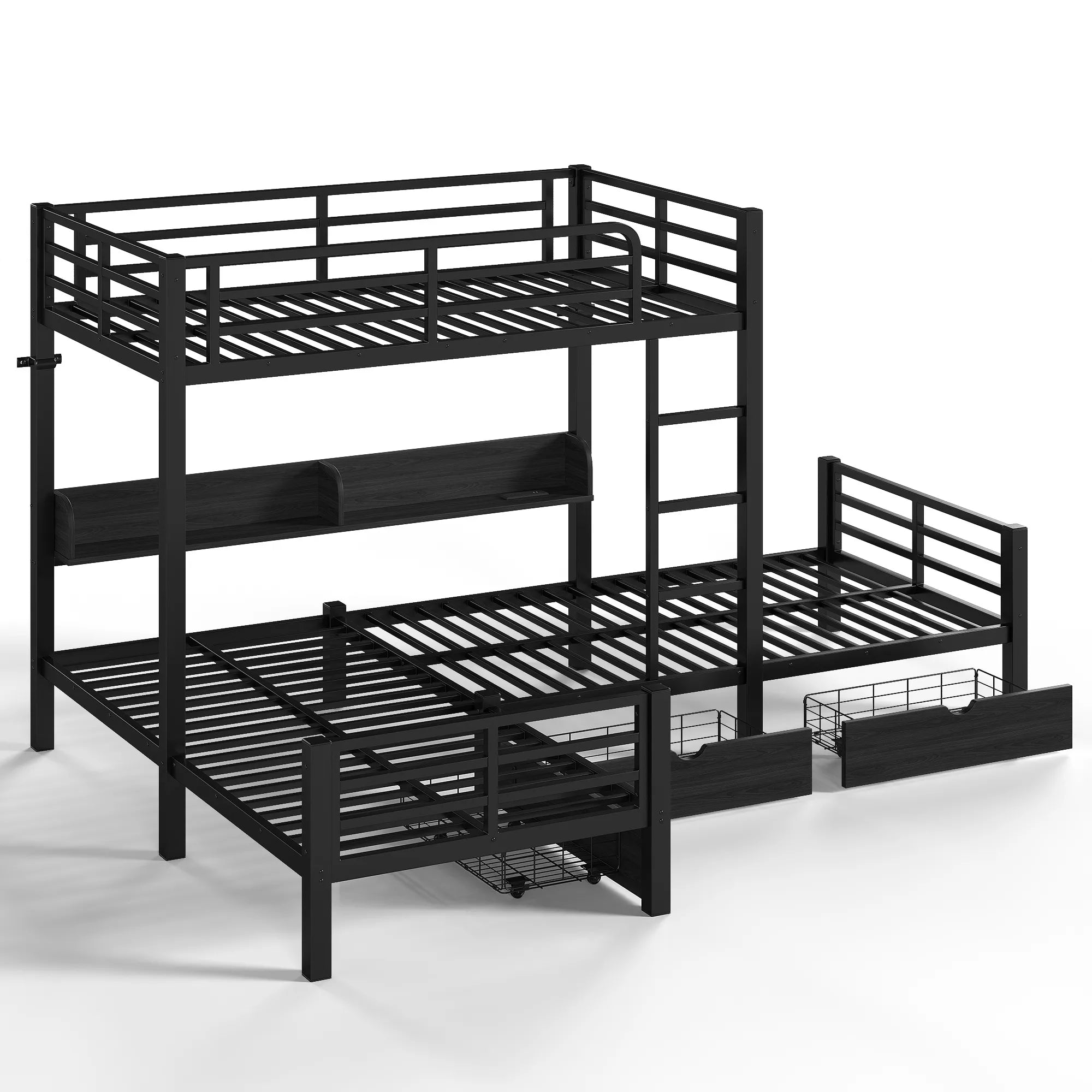 Bellemave® Triple Bunk Bed with Built-in Storage - Space Saving L-Shaped Loft Bed with LED Lighting & USB Ports for Kids, Twin over Twin & Twin, Black Bellemave®