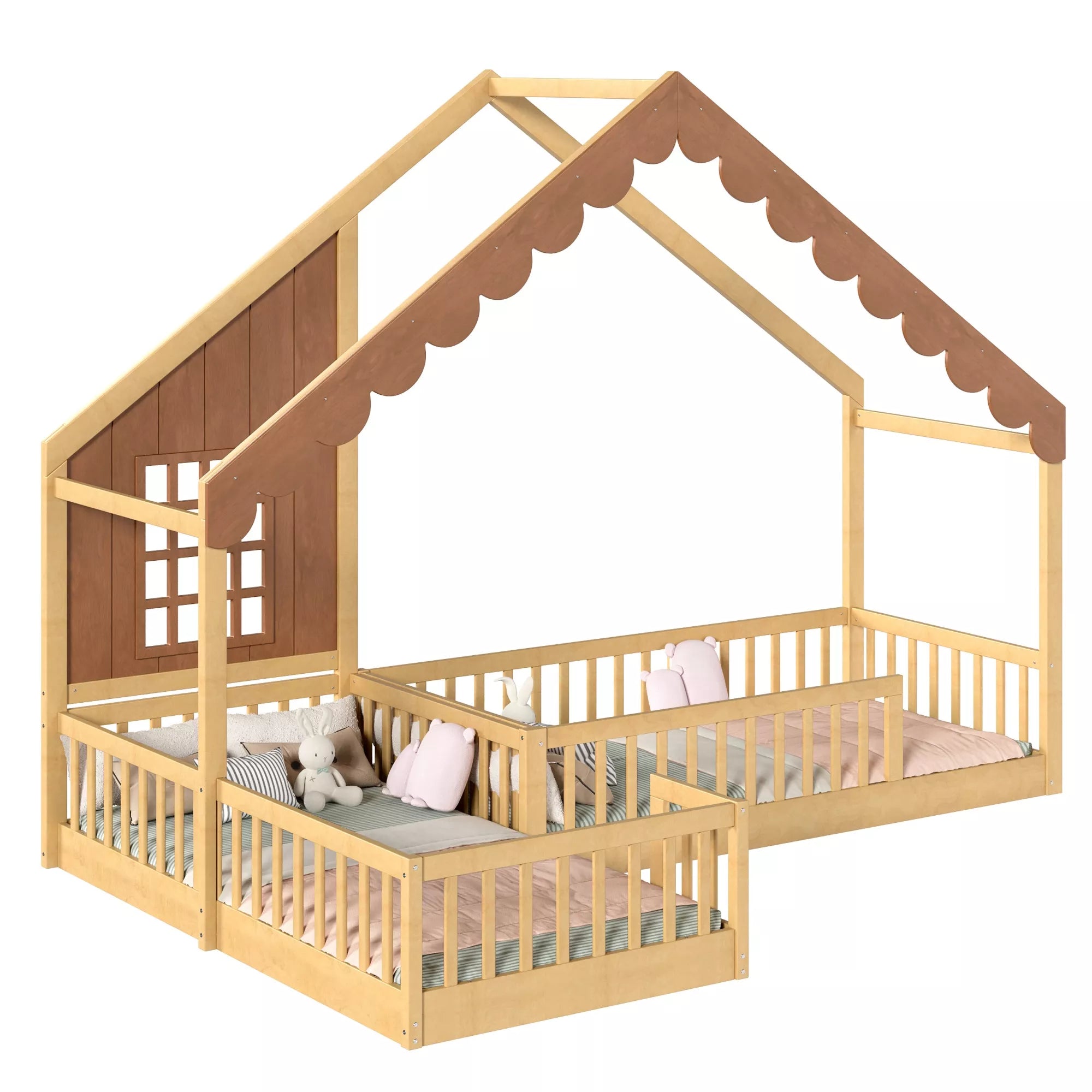 Wooden house-shaped floor bed with two connected sleeping areas, guardrails, and a decorative window