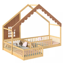 Wooden house-shaped floor bed with two connected sleeping areas, guardrails, and a decorative window