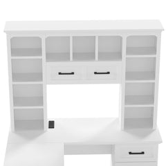 Front view of the white desk hutch with open compartments and drawers