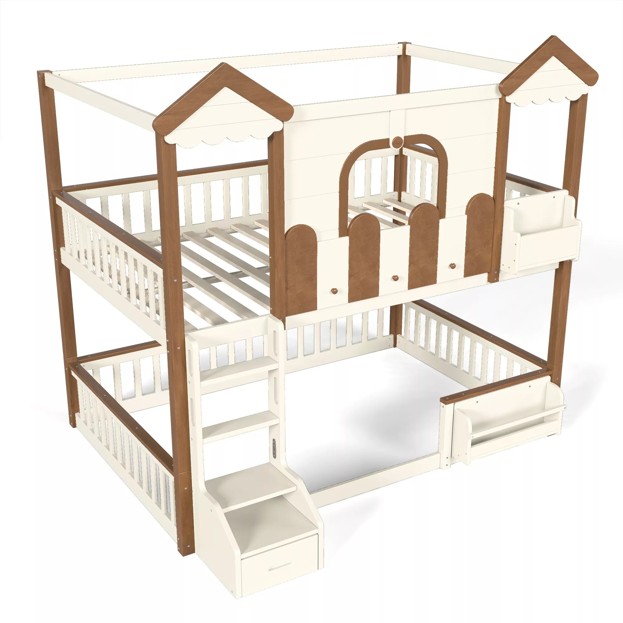 Bellemave® Full Over Full Wooden House Shaped Bunk Bed with Roof, Bookshelves and Storage Drawer — Converts Into Two Full Beds Bellemave®