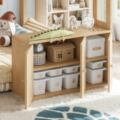 kids loft bed with storage shelves and cabinets