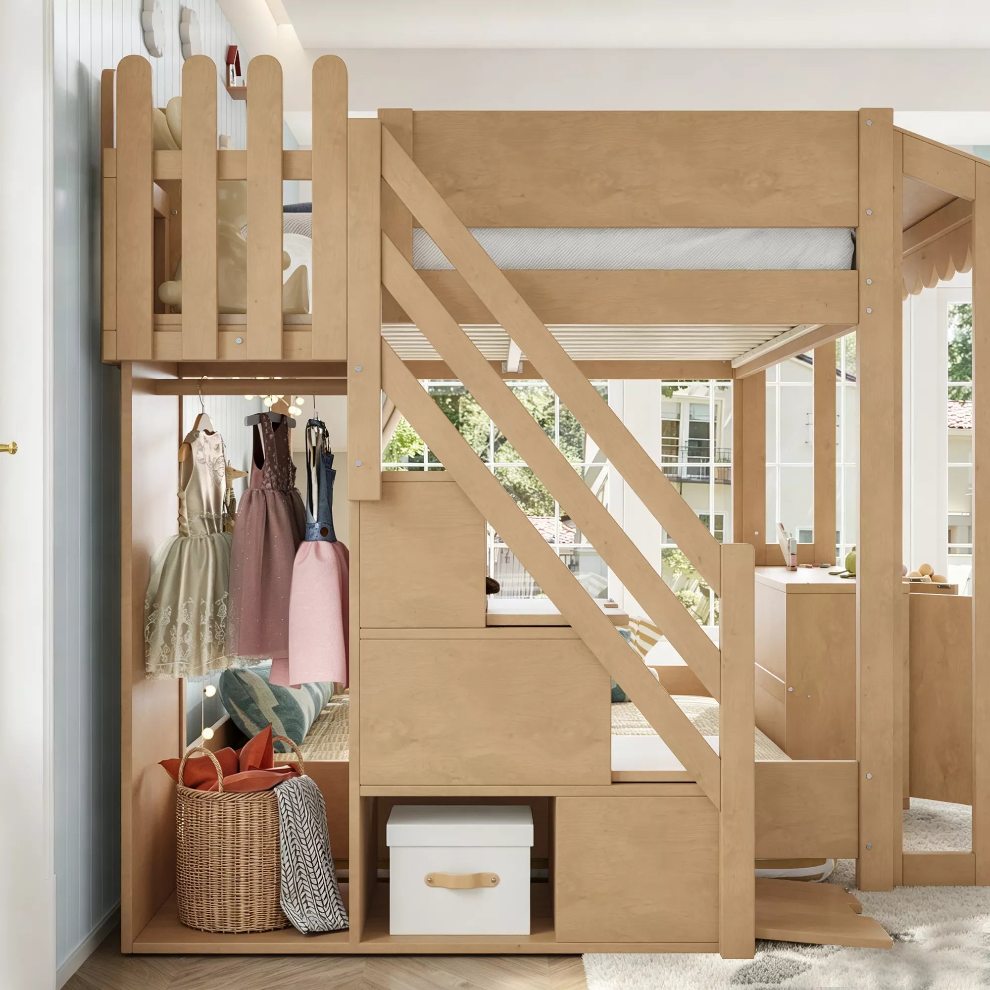 loft bed with storage staircase and wardrobe space