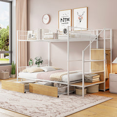 Bellemave® Twin Over Full Metal Bunk Bed with 2 Drawers and Lateral Storage Ladder and Wardrobe