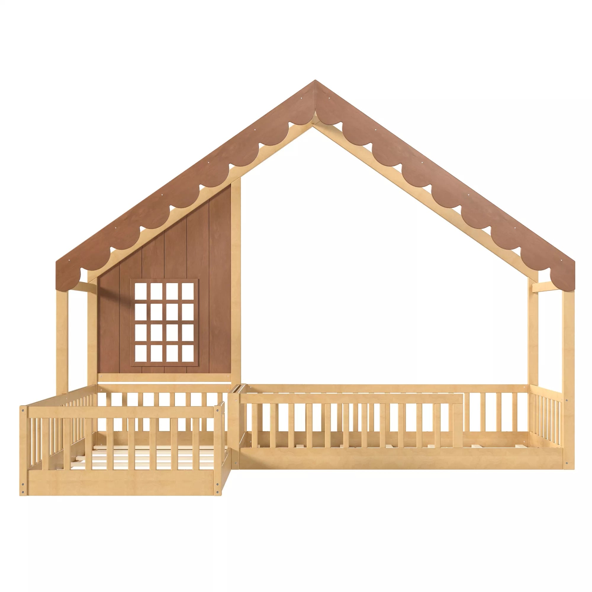 Front view of a wooden house floor bed with a peaked roof and surrounding guardrails