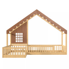Front view of a wooden house floor bed with a peaked roof and surrounding guardrails