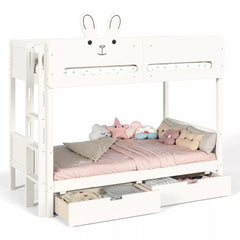 White kids bunk bed with rabbit headboard and two storage drawers under the bottom bunk