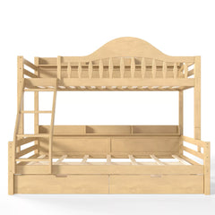 Solid wood bunk bed for kids teens, storage drawers and safety guardrails, natural wood