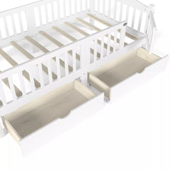 white platform bed with under bed storage drawers