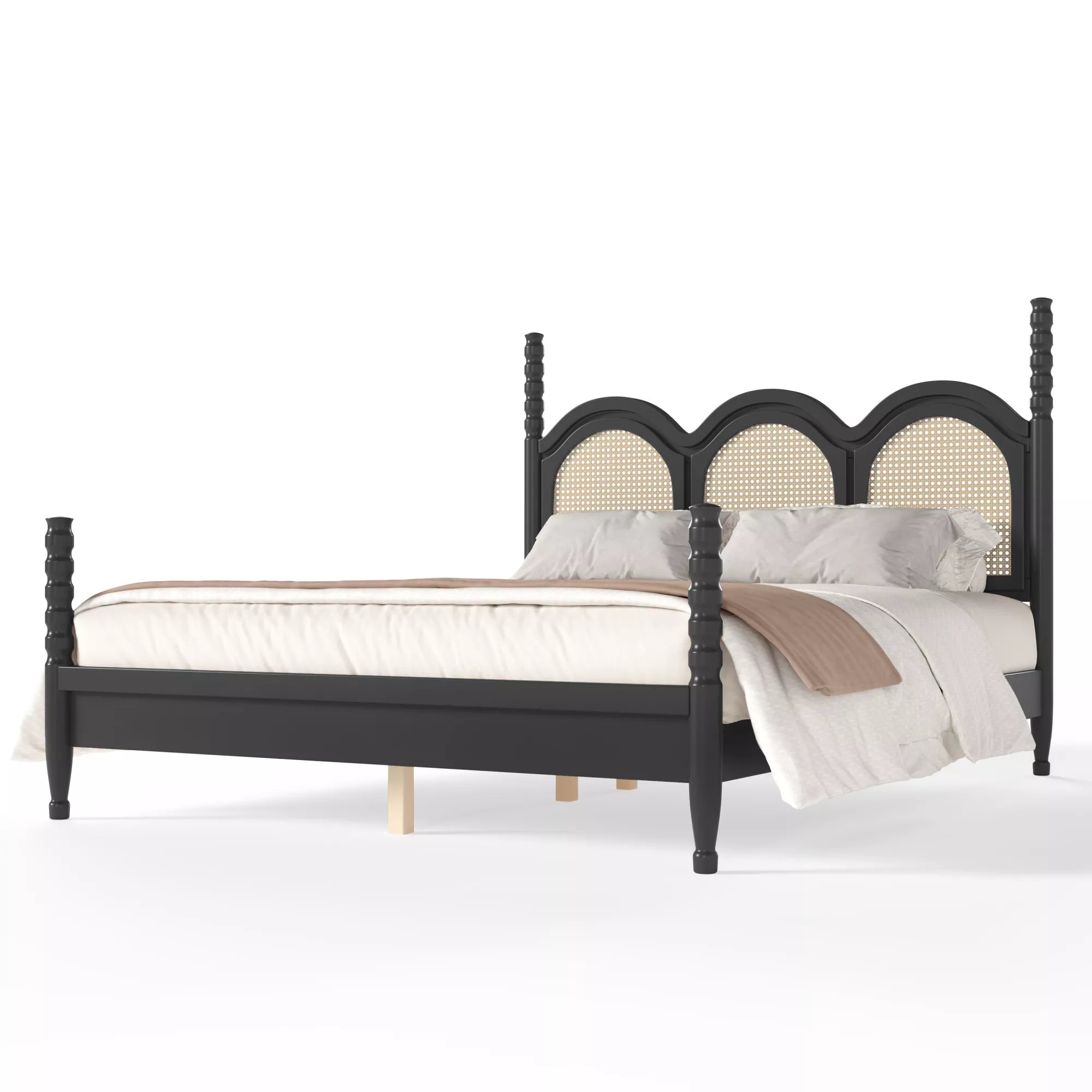 queen size platform bed with arched woven headboard and four poster style frame