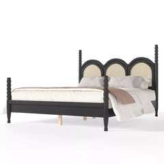 queen size platform bed with arched woven headboard and four poster style frame
