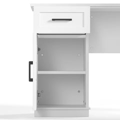 Close-up of the white desk storage unit with a drawer, cabinet door, and open compartment