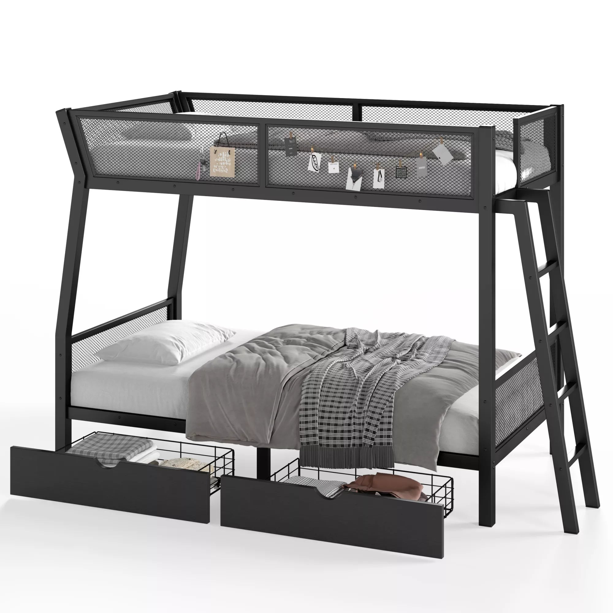 Black metal bunk bed with mesh guardrails, an angled ladder, and two pull-out storage drawers