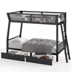 Black metal bunk bed with mesh guardrails, an angled ladder, and two pull-out storage drawers