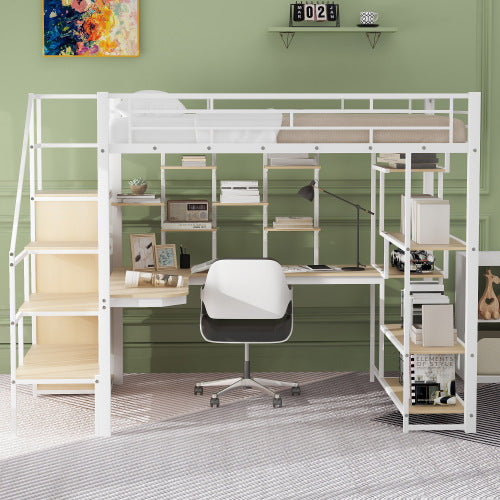 Bellemave® Full Size Metal Loft Bed with Storage Staircase and Small Wardrobe, Built-in Desk and Storage Shelves