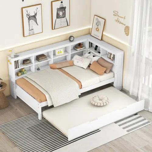 Bellemave Wooden DayBed with Trundle,Storage Shelf and USB Charging Ports Bellemave