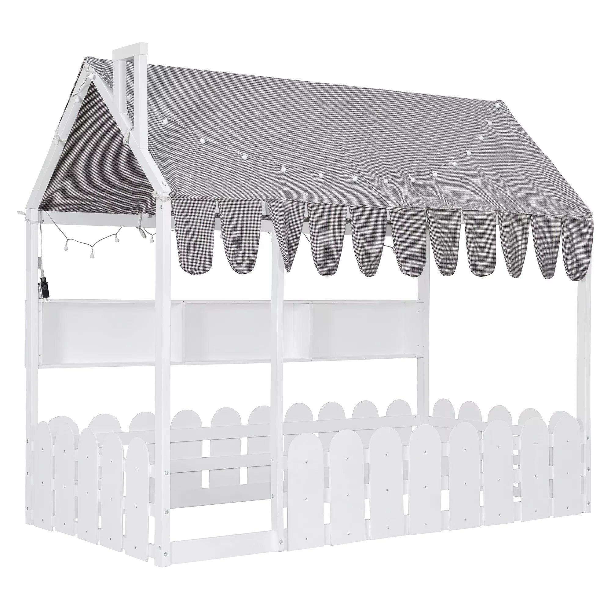 Bellemave® Montessori House Floor Bed for Kids with Fence Railings, Tent & Lights, Wooden Kids Floor Bed Frame with 3 Storage Shelves, Low Profile Bed for Boys & Girls (Slats Not Included) Bellemave®