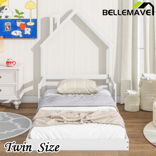 Bellemave® House-Shaped Headboard Floor Bed with Handrails and Slats