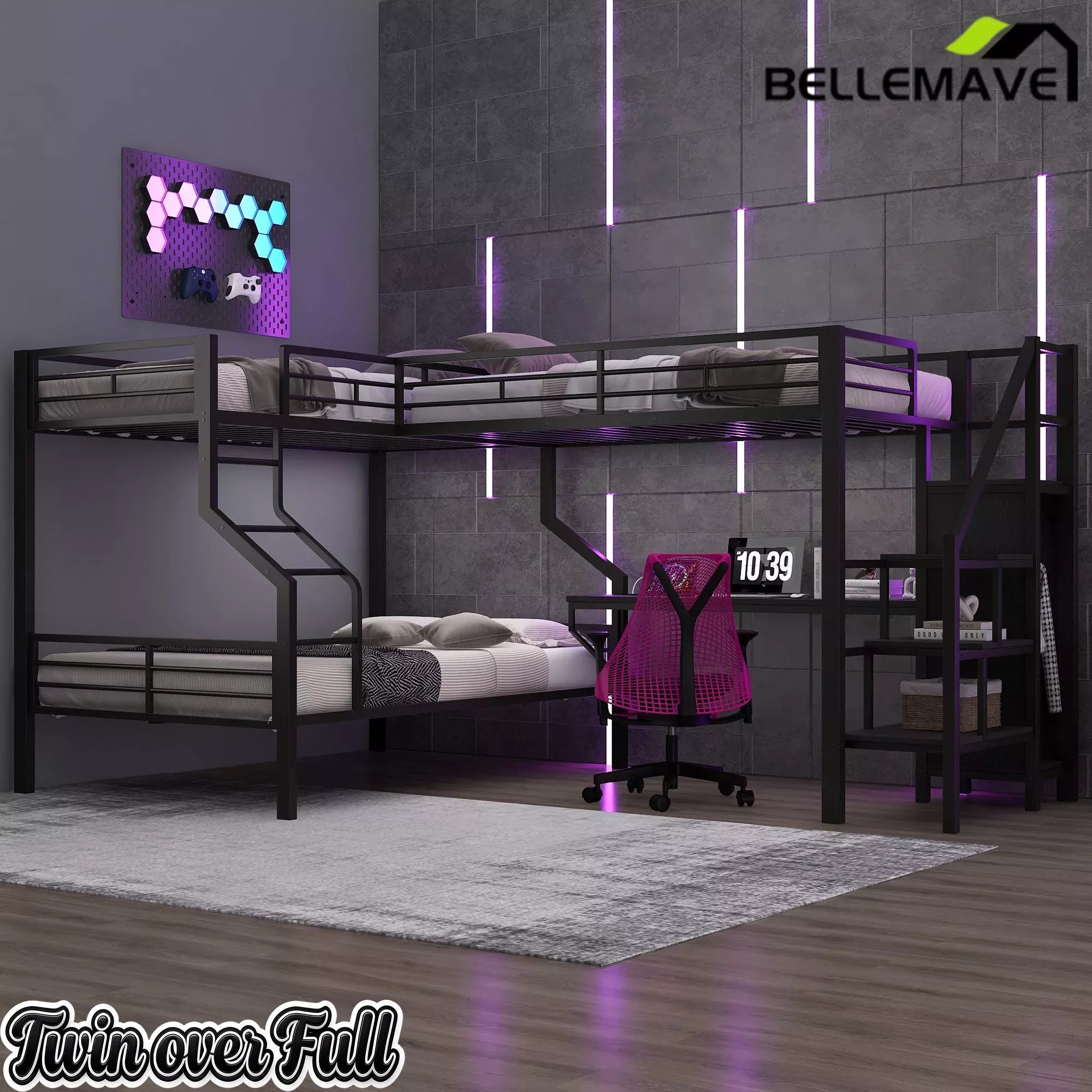 Bellemave® L-Shaped Triple Bunk Bed with Storage Stairs, Twin Over Twin Over Full Bunk Bed with Desk, USB Ports, Wardrobe, Heavy-Duty Metal Corner Bunk Beds for 3 Kids, Noise Free, Black Bellemave®