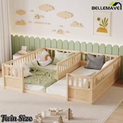 Kids pine wood floor bed with open entrance and safety rails