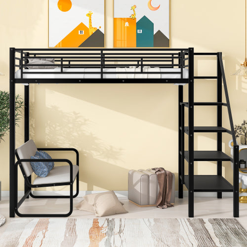 Bellemave® Twin Size Metal Loft Bed with Bench and Storage Staircase