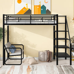 Bellemave® Twin Size Metal Loft Bed with Bench and Storage Staircase