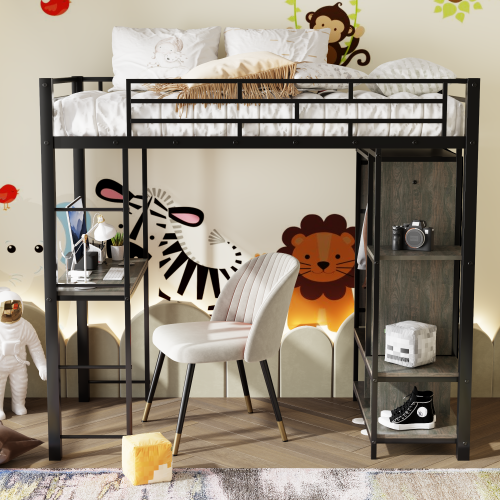 Bellemave® Twin Size Metal Loft Bed with Built-in Wardrobe, Desk and Shelves