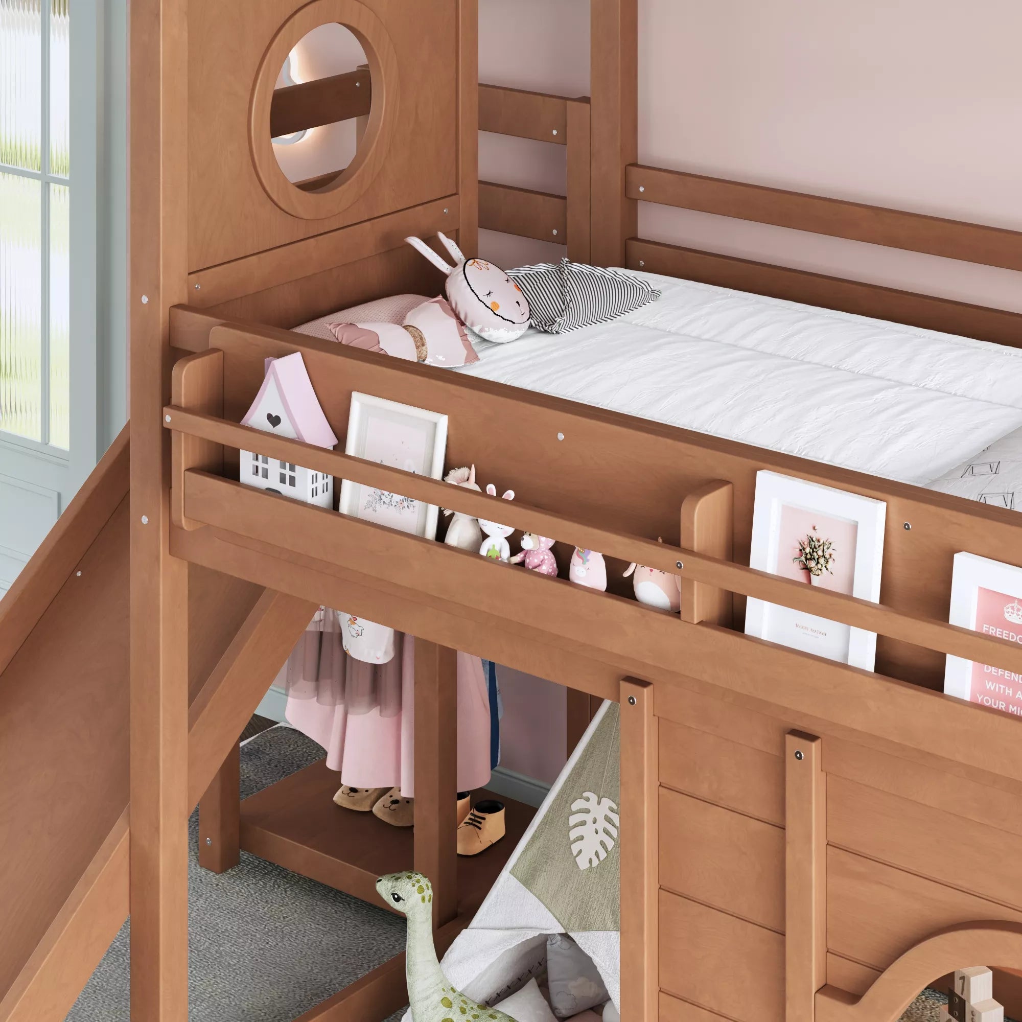 Bellemave® House Loft Bed with Slide, Bookshelves & Built-in Wardrobe | Natural Wood Playhouse Bunk Bed for Kids Bellemave®