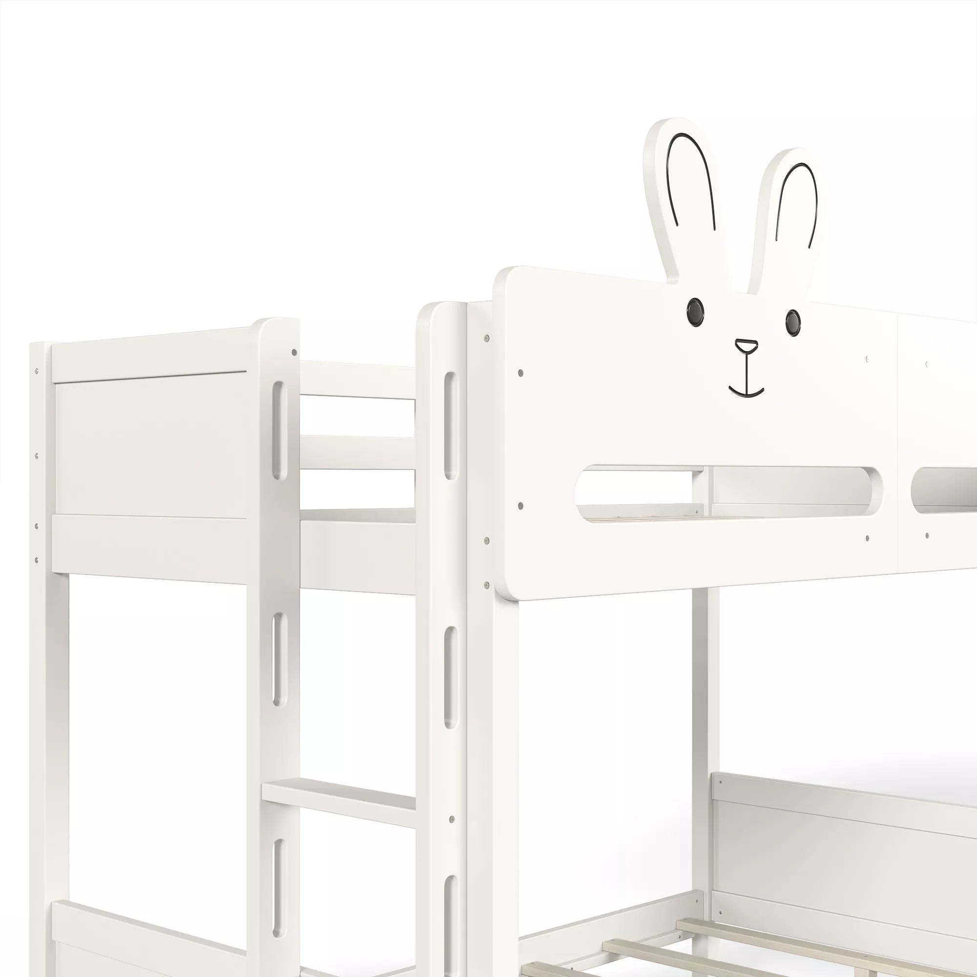 Side view of white rabbit headboard bunk bed showing the ladder and upper guardrail