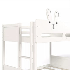 Side view of white rabbit headboard bunk bed showing the ladder and upper guardrail