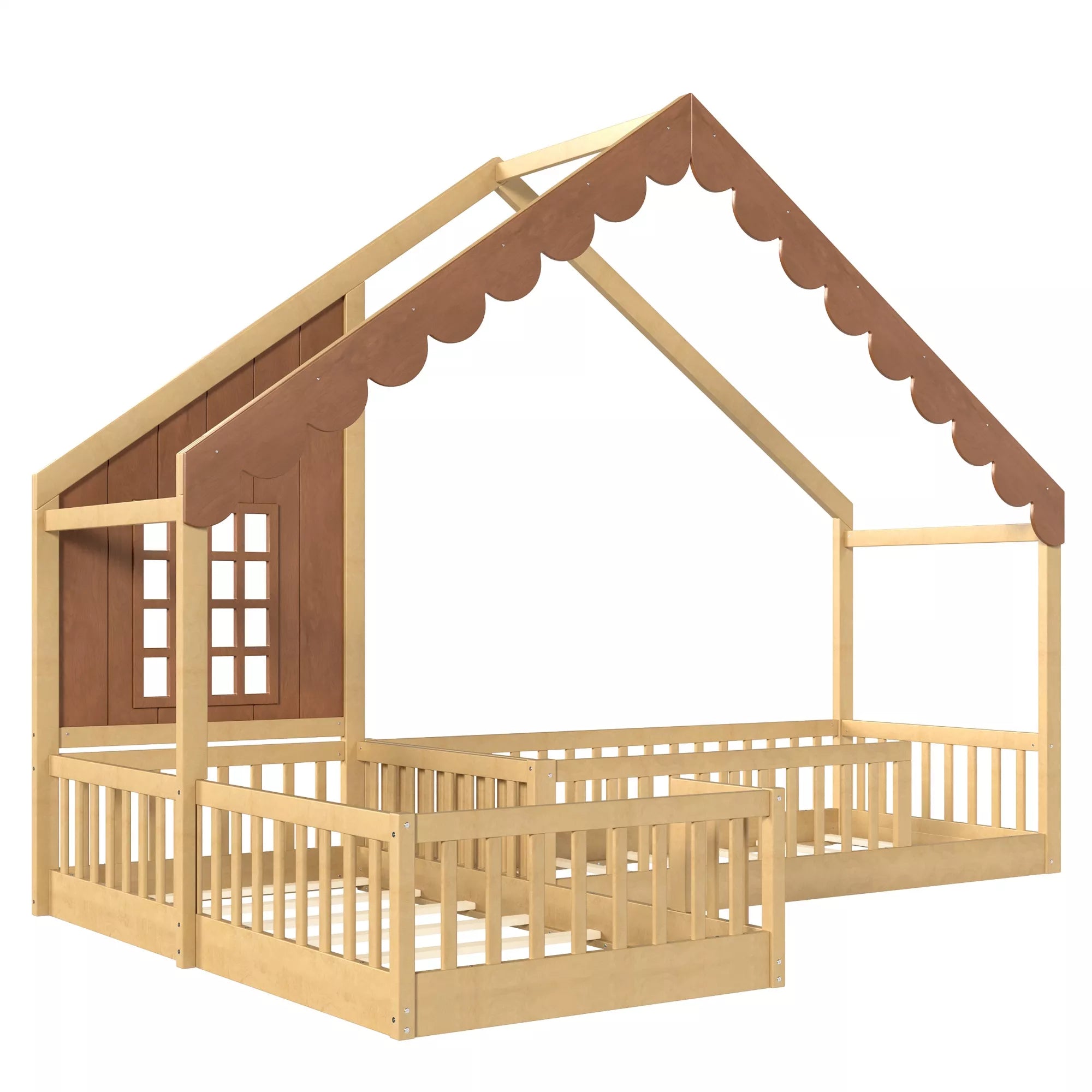 Angled view of a house-shaped floor bed frame with wooden rails and two sleeping areas