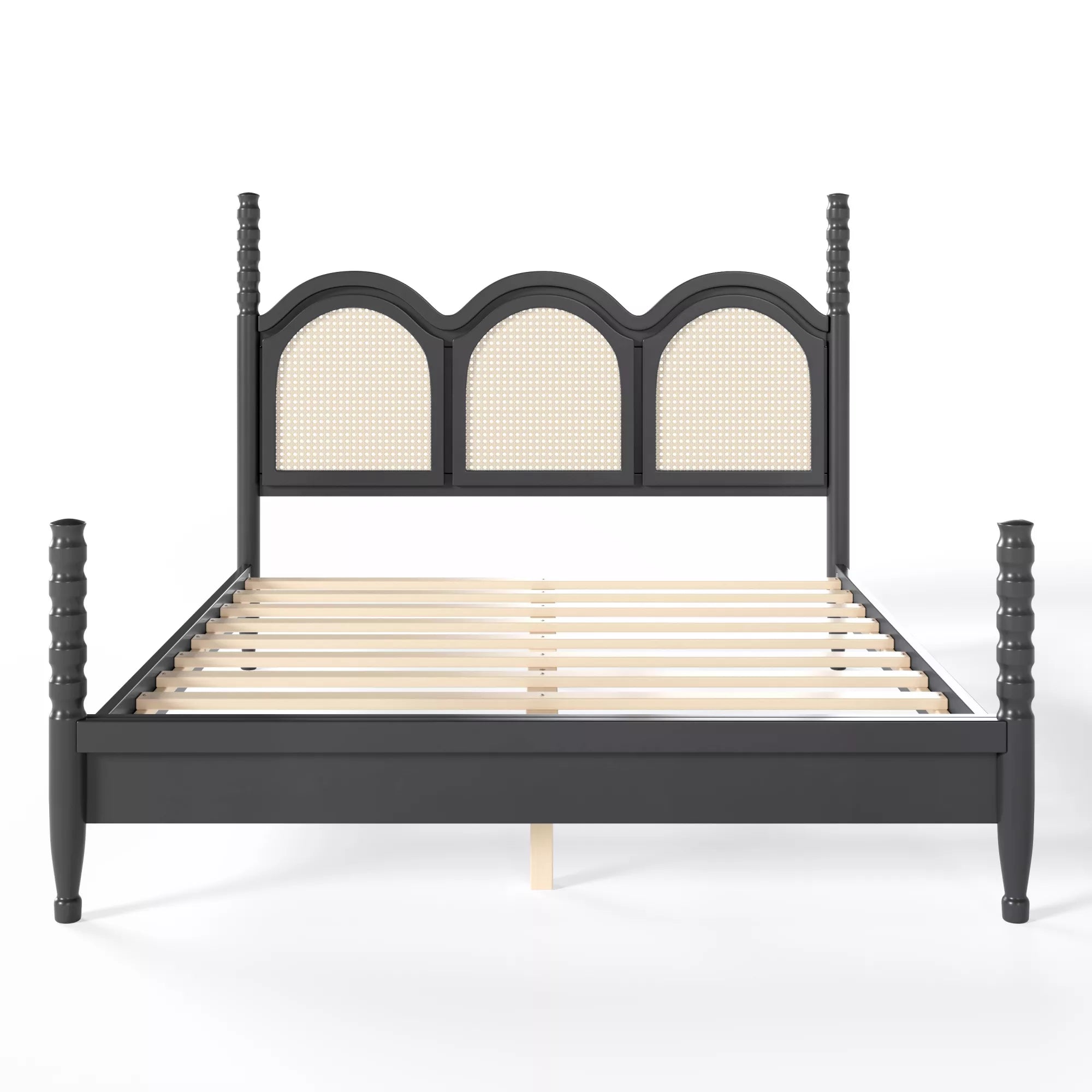 queen wooden bed frame front view with arched woven headboard design