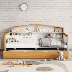Bellemave® Wooden House Shape Bed with Trundle Bed and Bookcase Headboard