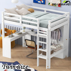 Bellemave® Loft Bed with L-shaped Desk, Wardrobe and Storage Shelves