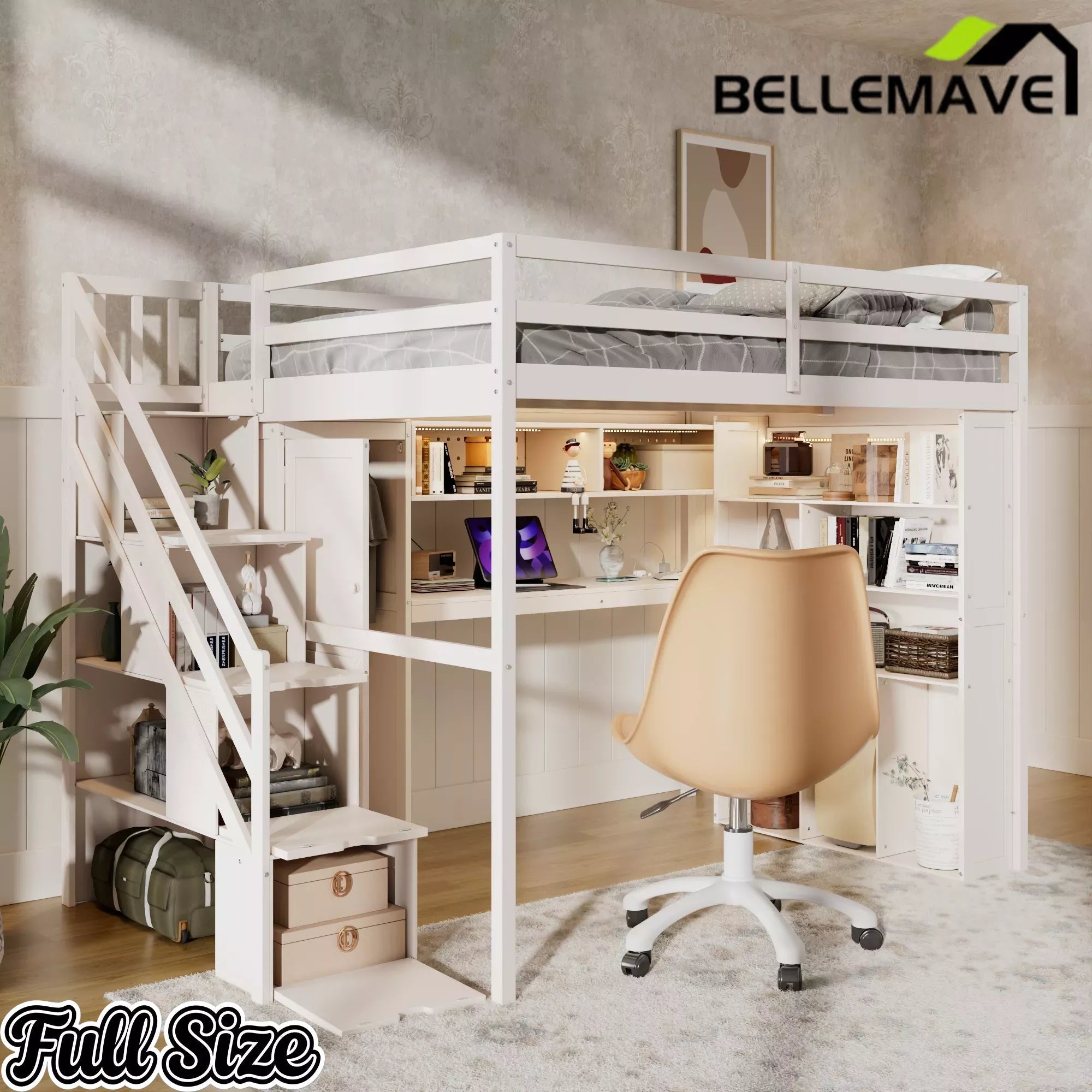 Bellemave® Full Size Loft Bed Built-in Wardrobe, Study Desk, Storage Shelves & LED Lights, Wood Loft Bed Frame for Bedroom Bellemave®