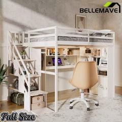 Bellemave® Full Size Loft Bed Built-in Wardrobe, Study Desk, Storage Shelves & LED Lights, Wood Loft Bed Frame for Bedroom Bellemave®