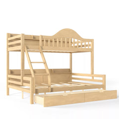 Mixed‑size solid wood bunk bed frame with drawers, angled side ladder for children