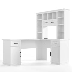 Angled view of the white L-shaped desk with tall storage hutch and lower cabinets